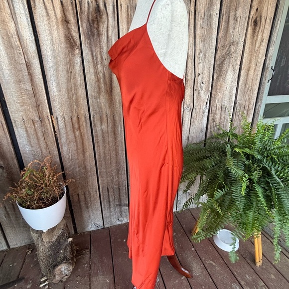 Show Me Your Mumu Silk Look Slip Dress L Orange Satin Cowl Neck Midi StrappyBack - Picture 11 of 13